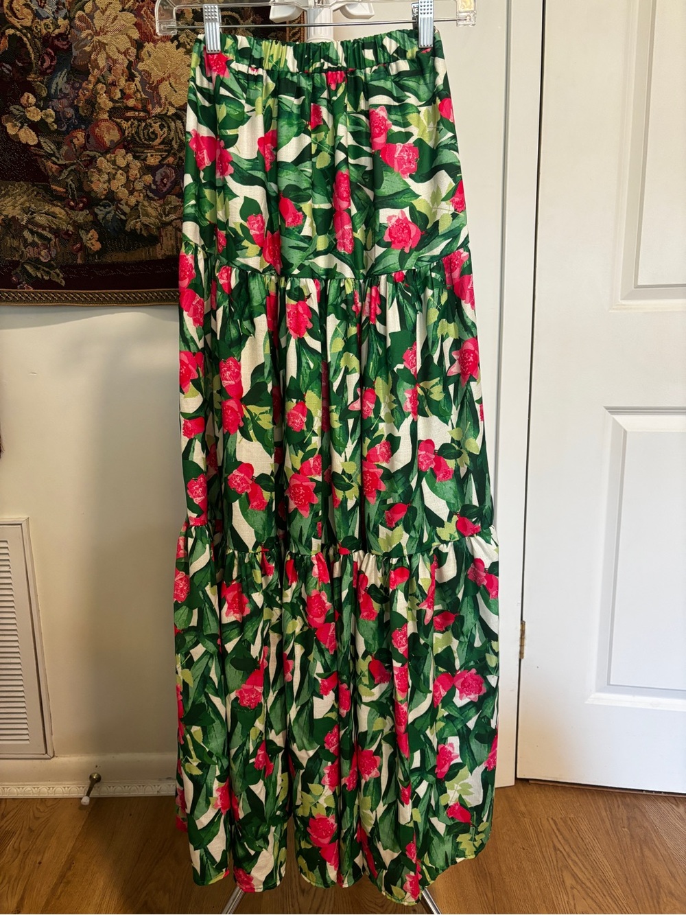 Flying Tomato Green Pink Tropical Floral Tiered Maxi Skirt S